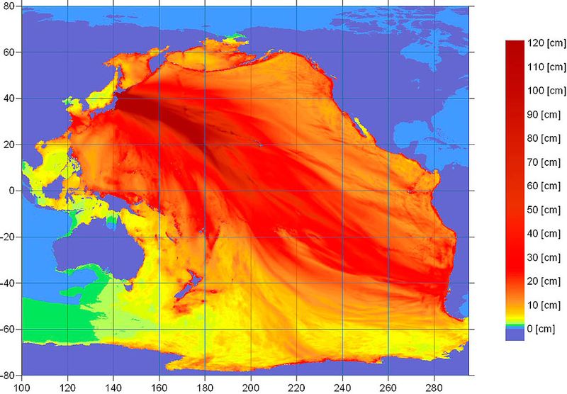 На карте Национального управления океанических и атмосферных 
исследований видна вся сила вызванного землетрясением цунами. 
Предупреждение о чрезвычайном положении распространилось на все страны 
Тихоокеанского бассейна, кроме центральной части США и Канады. Под это 
положение попали Гавайи и Мексика. (NOAA/Tsunami Warning Center/)