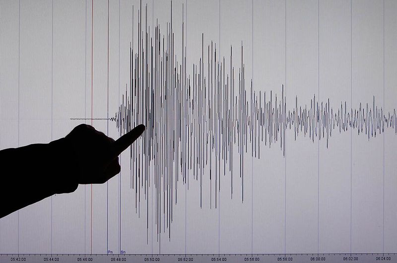 Сейсмолог Бернд Вебер из немецкого исследовательского института в Потсдаме указывает на шкалу силы землетрясения в Японии. (REUTERS/Fabrizio Bensch)