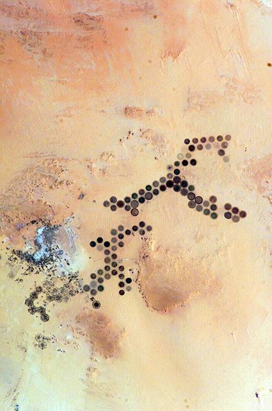 Зеленые круги в пустыне — участки сельского хозяйства. Оазис Аль Хуфраха в юго-восточной Ливии — один из самых больших сельскохозяйственных проектов Ливии.