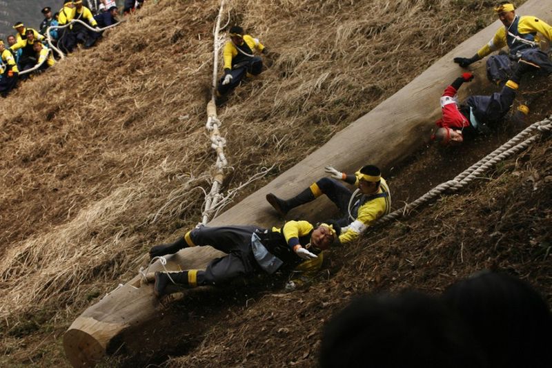 В Японии на 12-тонном бревне скатываются с горы (21 фото+видео)