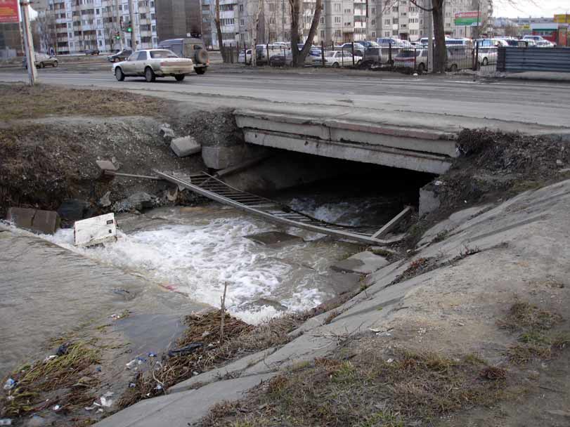 Мост через речку. Название не помню, но в народе ее зовут гордым именем Вонючка. Перила кто-то спилил и бросил в воду.