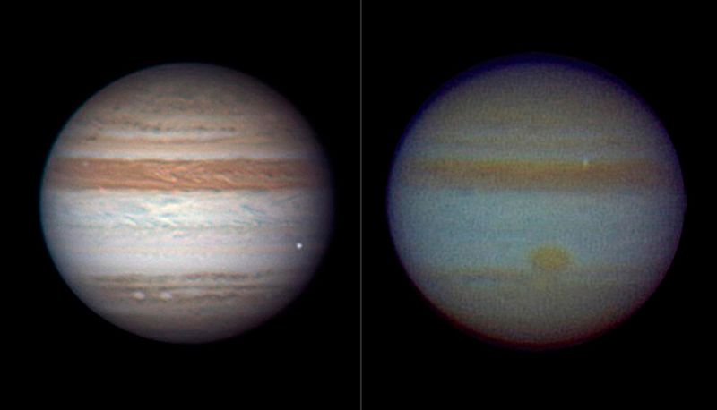 Яркая точка на каждом из этих снимков означает небольшую комету или астероид, горящий в атмосфере. Фото слева было сделано 3 июня астрономом-любителем Энтони Уизли в Броккен Хилле, Автсралия. Он сделал этот снимок с помощью 37-сантиметрового телескопа. На снимке Уизли цвета сборные. Метеор виден справа. Цветной снимок справа был сделан астрономом-любителем Масаюки Тачикавой из Японии 20 августа. Метеор можно увидеть также справа вверху. (REUTERS/NASA)