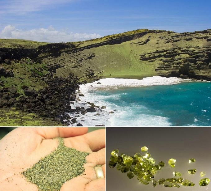 Папаколеа, Гавайи. Зеленый песок также имеет вулканическое происхождение