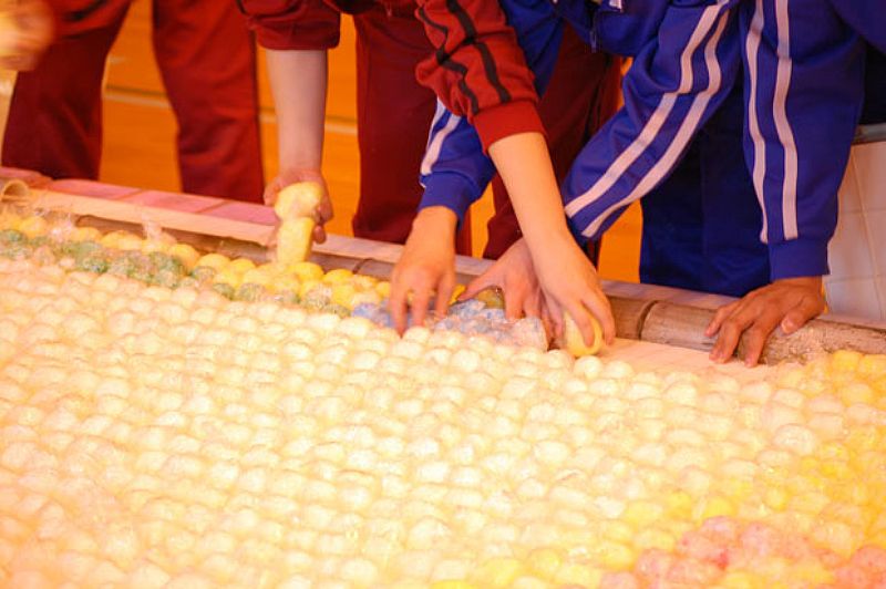 В Японии была создана самая большая мозаика из рисовых шариков, размер полотна составил 4,75 м. на 11,08 м. Использовав 20,000 шариков, ученики одной из школ выложили изображение динозавра и робота.